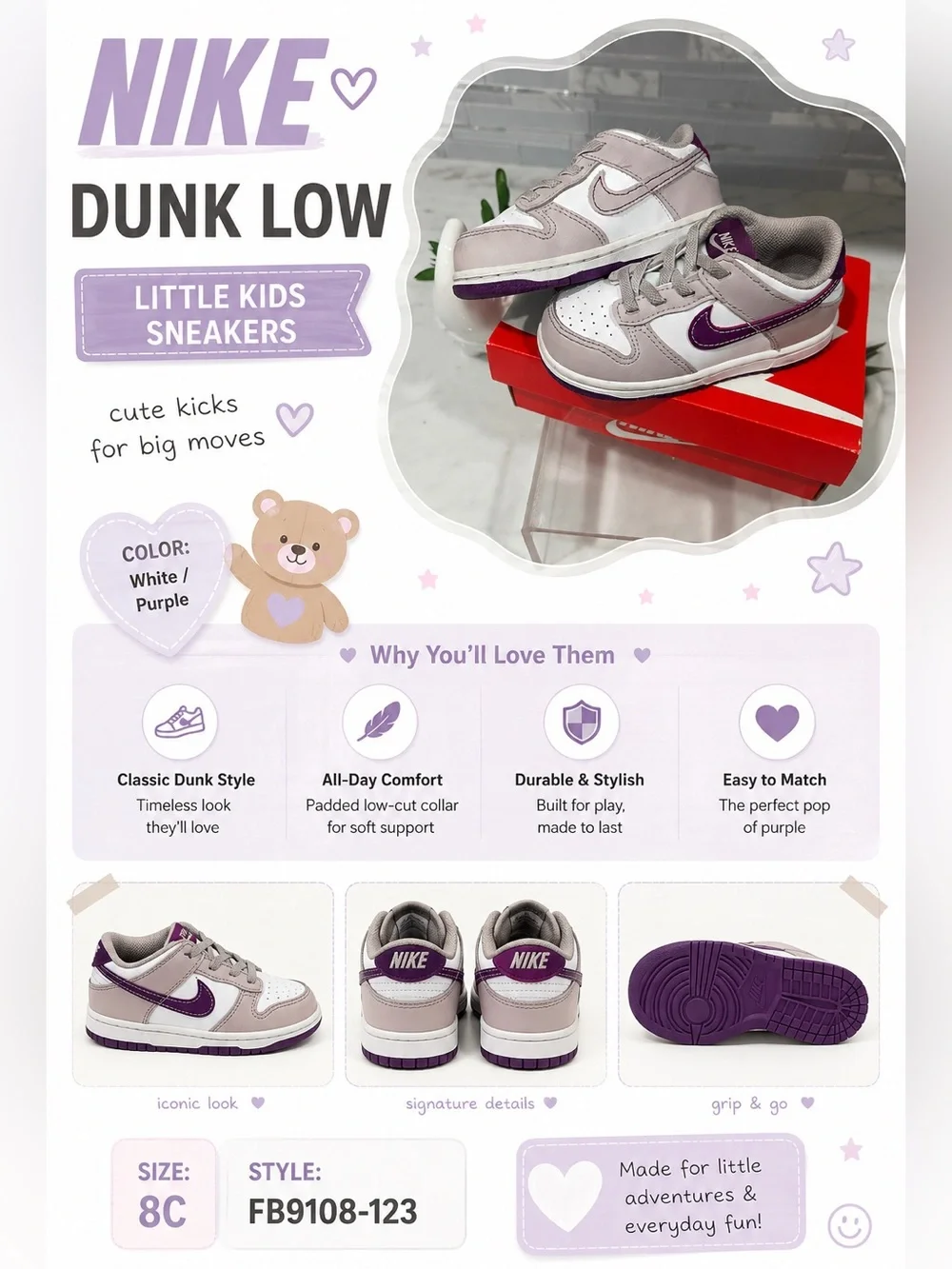 Nike Dunk Low Little Kids Sneakers White & Purple Size 8C w/ Box